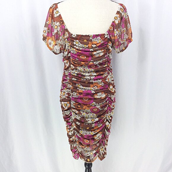 Madden NYC Juniors Ruched Dress Size XL Brown Retro 70s Floral Bodycon Sexy - Picture 5 of 11